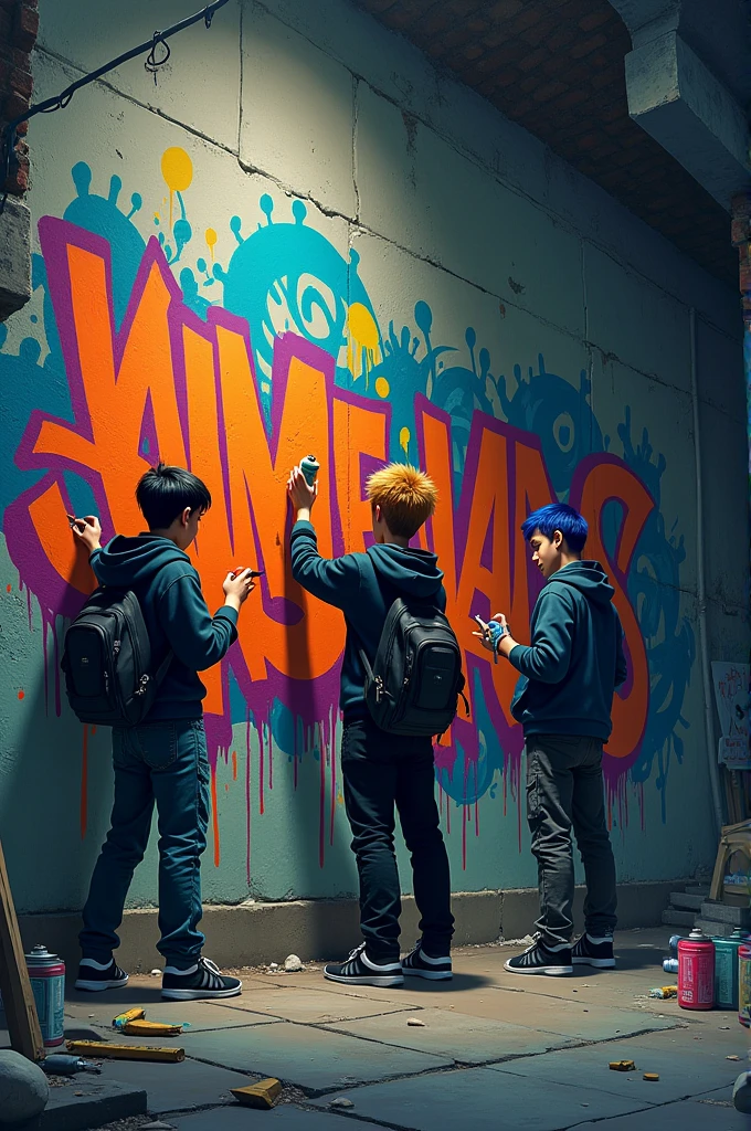 3 agers doing graffiti