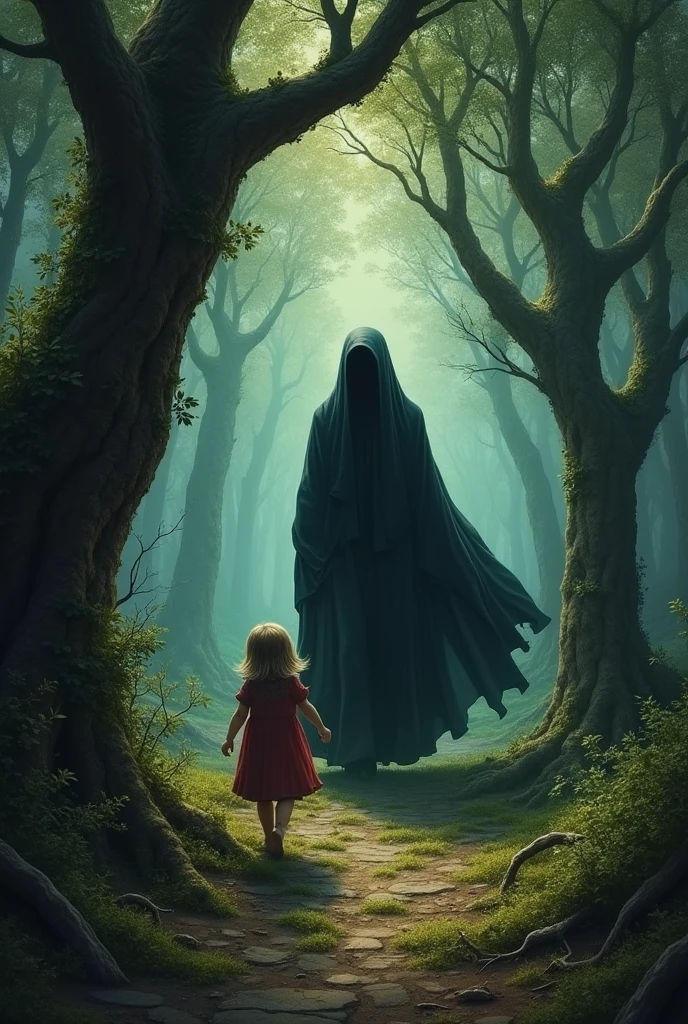 Kid following a witch paintings style
The kid is hiding in the trees secretly following the women witch