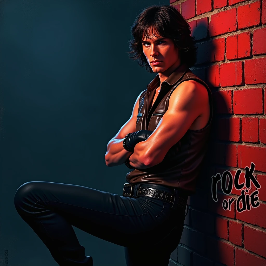 film The Warriors 1979 Stylized poster featuring a man (James Remar) leaning against a red brick wall. The man has white skin, shoulder-length hair and a dark gigachad face with a serious expression. He is wearing a sleeveless brown leather vest, classic retro black genuine leather gloves, middle finger gloves, a black belt with a large buckle and dark pants. His arms are crossed with his foot resting on the wall. The background is a dark blue to black gradient, transitioning into the red brick wall. In the bottom right corner there is a logo red color, with the text in red graffiti style font ‘Rock or Die’