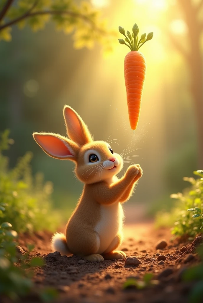 Hazel pulls the carrot from the ground, and it begins to float. A soft golden light surrounds the rabbits