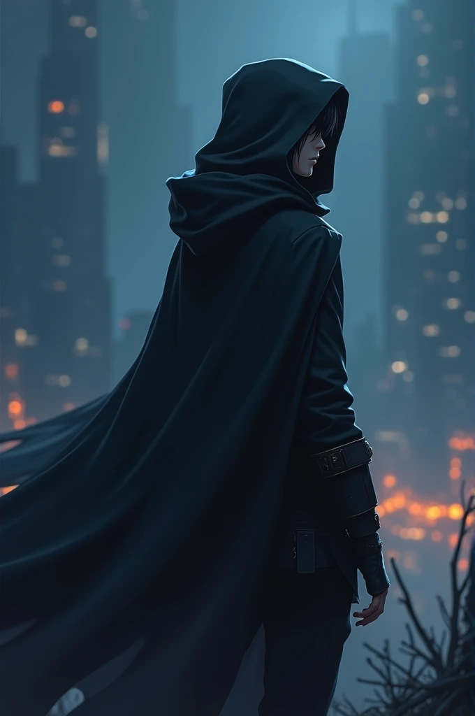 Anime hooded man looking forward