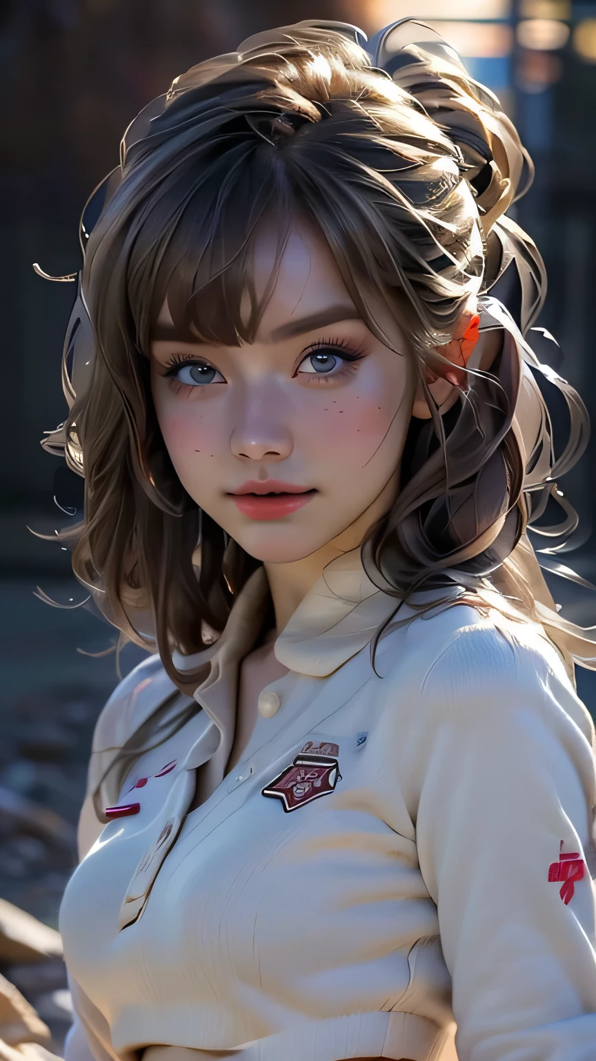 (Very delicate and beautiful), 1 person, Robber Girl, bangs, Cute eyes, bow, Brown Hair, Mouth closed, landscape, Hair between the eyes, hair bow, Long sleeve, Looking at the audience, Medium Hair, alone, Upper Body, Short school uniform, ((alone)), (masterpiece), blonde、さまざまな動きのPause、With a smile、mini skirt、Mini shirt、uniform、 Detailed face､Detailed body､Detailed eyes, masterpiece, 最high quality, high quality, High resolution、((Upper Bodyのポートレート))､((Pause＿random)), at night forest.