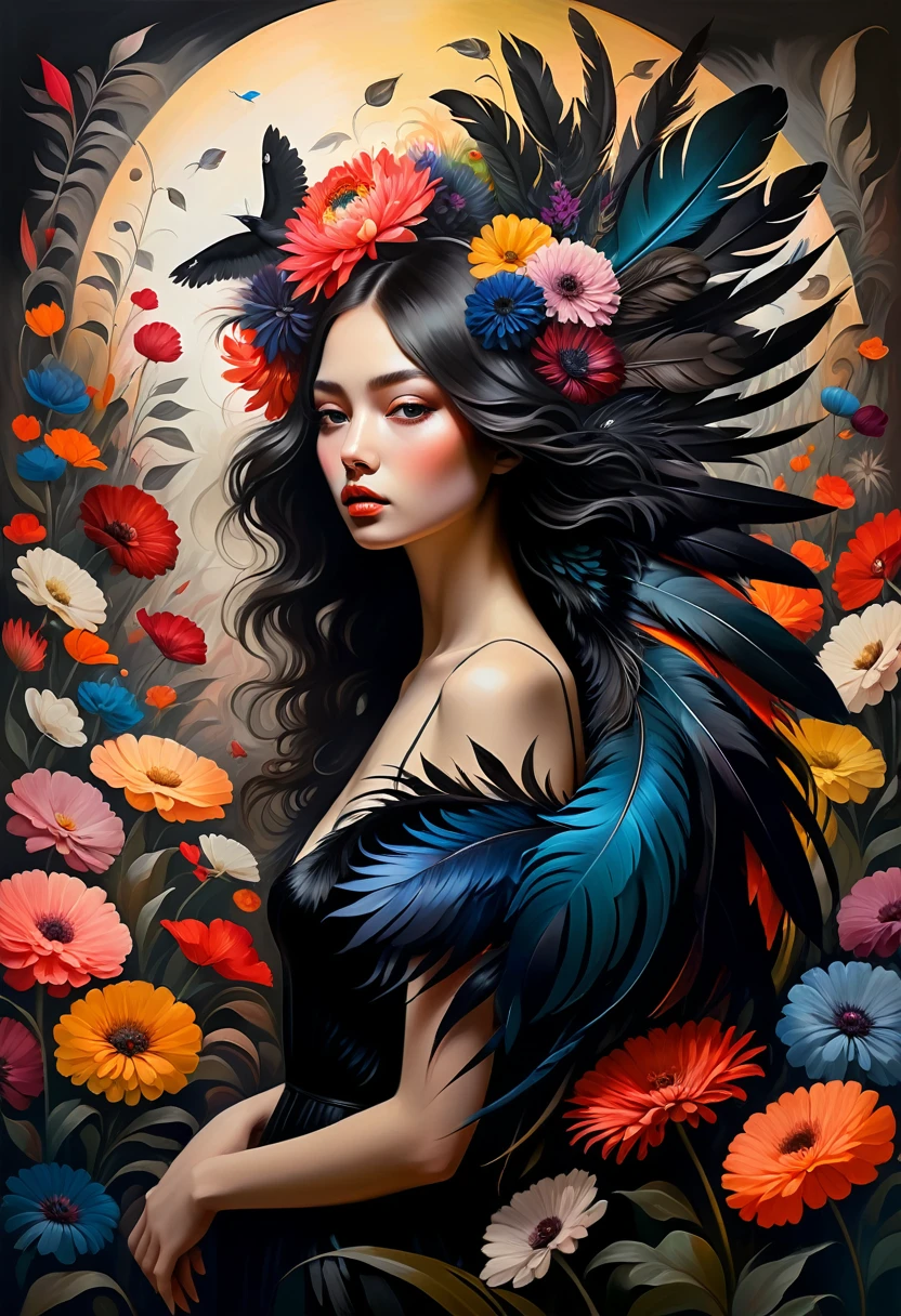 (Sensual illustration chiaroscuro), Illustration art, By Irina Kapi. Surrealism, Vintage Abstraction,  (Girl with black wings), (少女が浮いているPainting:1.2), Esbian all over body、Woman with black feathers, Big feather、Colorful flower garden background、Highest quality, masterpiece, Ultra high definition、Painting, Concept Art, Emotional, Atmospheric, Romantic aesthetics, Represents transformation and the ability to see beyond the surface、Ultra high definition、(deep, Delicate colors) paint (draw) 、最高masterpiece、Highest quality、