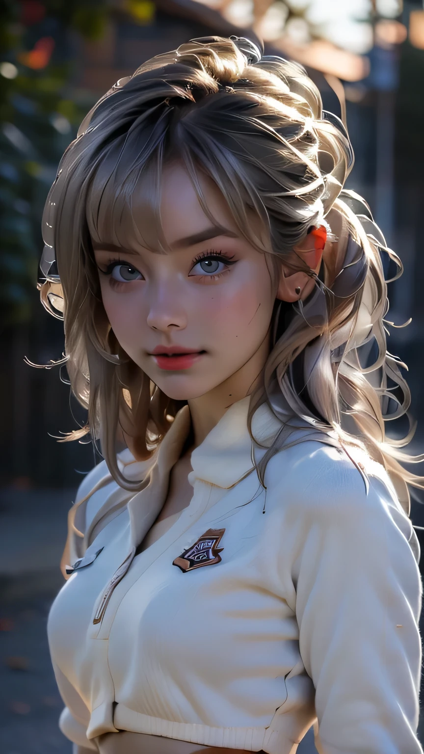 (Very delicate and beautiful), 1 person, Robber Girl, bangs, Cute eyes, bow, Brown Hair, Mouth closed, landscape, Hair between the eyes, hair bow, Long sleeve, Looking at the audience, Medium Hair, alone, Upper Body, Short school uniform, ((alone)), (masterpiece), blonde、さまざまな動きのPause、With a smile、mini skirt、Mini shirt、uniform、 Detailed face、Detailed body、Detailed eyes, masterpiece, 最high quality, high quality, High resolution、((Upper Bodyのポートレート))、((Pause_random)), at night forest.