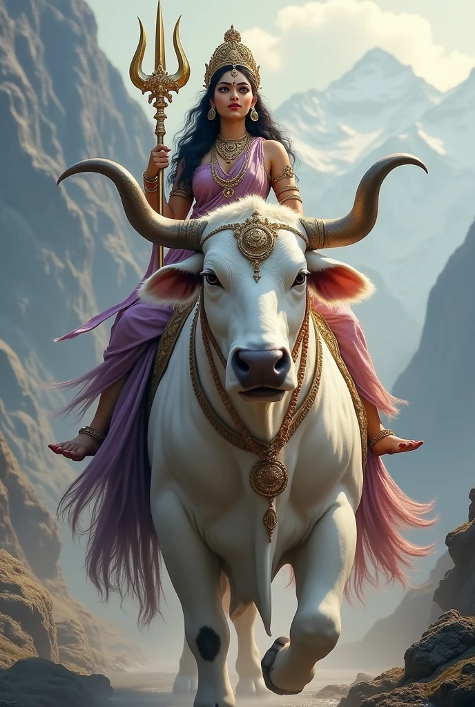 "Create an ultra-realistic image of Goddess Shailaputri, depicted in all her divine majesty as she rides an enormous, majestic pure white bull, symbolizing her connection to the mountains and her role as a nurturer and protector. Goddess Shailaputri should be portrayed with radiant, glowing skin, reflecting her purity and divinity. Her face should be serene and beautiful, with large, expressive eyes filled with wisdom and compassion, and a gentle smile that conveys her motherly nature.

She should be dressed in a richly detailed saree in earthy tones such as purple, symbolizing her connection to nature and the mountains. The saree should be adorned with intricate patterns and divine symbols, emphasizing her regal and divine status. Her jewelry should be elaborate, with necklaces, bangles, and earrings that shimmer with divine light, enhancing her majestic presence.

she should hold a trident (trishul).

The pure white bull she is riding should be depicted as extremely large and powerful, with a muscular body and a calm, dignified expression, symbolizing strength and stability. The background should be a serene, mountainous landscape, with soft light and an atmosphere that reflects her divine connection to nature. The overall image should capture the essence of Goddess Shailaputri’s beauty, strength, and divine authority in a highly realistic and detailed manner, emphasizing her role as the daughter of the mountains and the embodiment of maternal grace."