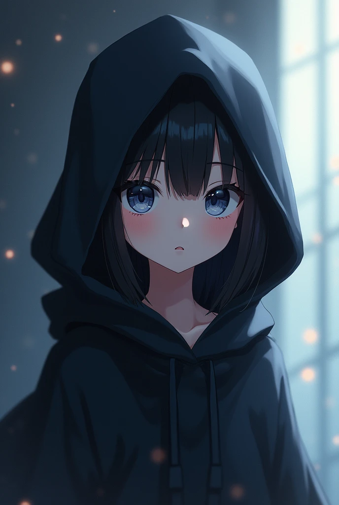 Anime in a hood looking at the camera