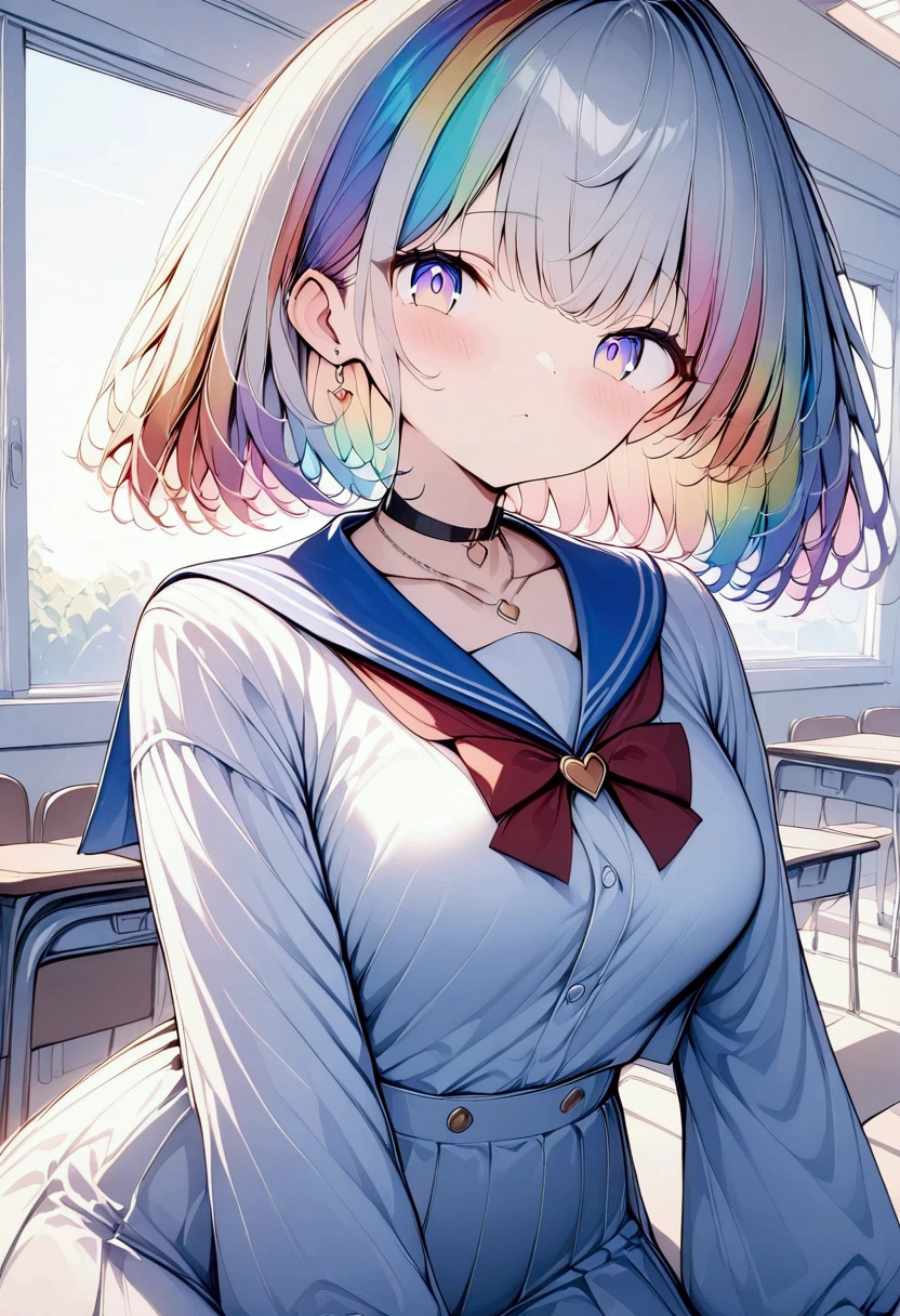 Absurd resolution, high resolution, (masterpiece: 1.4), super detailed, (((detailed face, detailed expression)), 1girl, solo focus, relaxing, ponytail, sitting on the floor, lying on ground, (sailor uniform:1.3), detailed collarbone, perfect collarbone, perfect breasts, round breasts, (translucent summer silk:1.2), (see through:1.4), (see through shirt:1.3), background in classroom, pleated skirt, short skirt, mini skirt, micro skirt, visible underskirt, upskirt, perfect legs, detailed iris, sparkle eyes, star in eyes, sadness, sad eyes, soulful pink eyes, (multicolored eyes), (shining dust), (pink hair:1.3), (messy hair:1.3), (hair between eyes), (hair over one eye:1.2), (wavy hair:1.1)