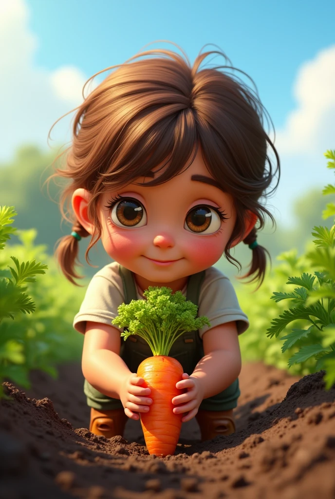 Hazel pulls the carrot from the ground,