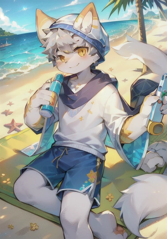 White male cat，Boys，Lovely，Q version，，Big furry tail，Hairy mat，，Golden Eyes，，Detailed background，on the beach，Wearing a headscarf，Flowered shirt，Blue floral shorts，Sunlight，seaside，Water gun in hand，Smile happily，Silver Hair