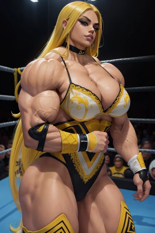 ((Close-up)), tall, (yellow hair) beautiful muscular latino woman, long flowing hair, light brown skinned, closed smile, large breast, (black lipstick), (massive muscles), (hyper muscle), ((ginormous bulky muscles)), gray eyes, ((yellow pro wrestler suit embroidered with intricate designs)), (elbow pads), choker, boots, in a wrestling ring at night,