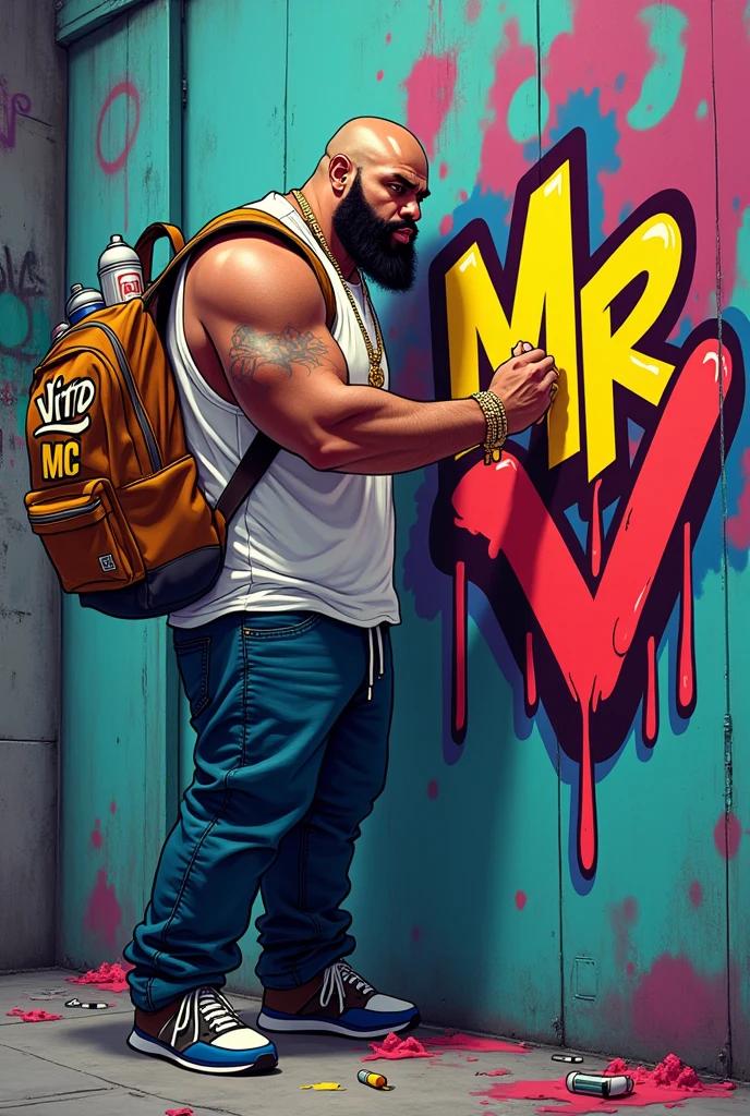 Rapper 3 beard and mustache white bald thick build loose dress doing graffiti carrying backpack with paint cans and the backpack has Vito Mc written on it cartoon graffiti letters that say Mr V for printing on t-shirts