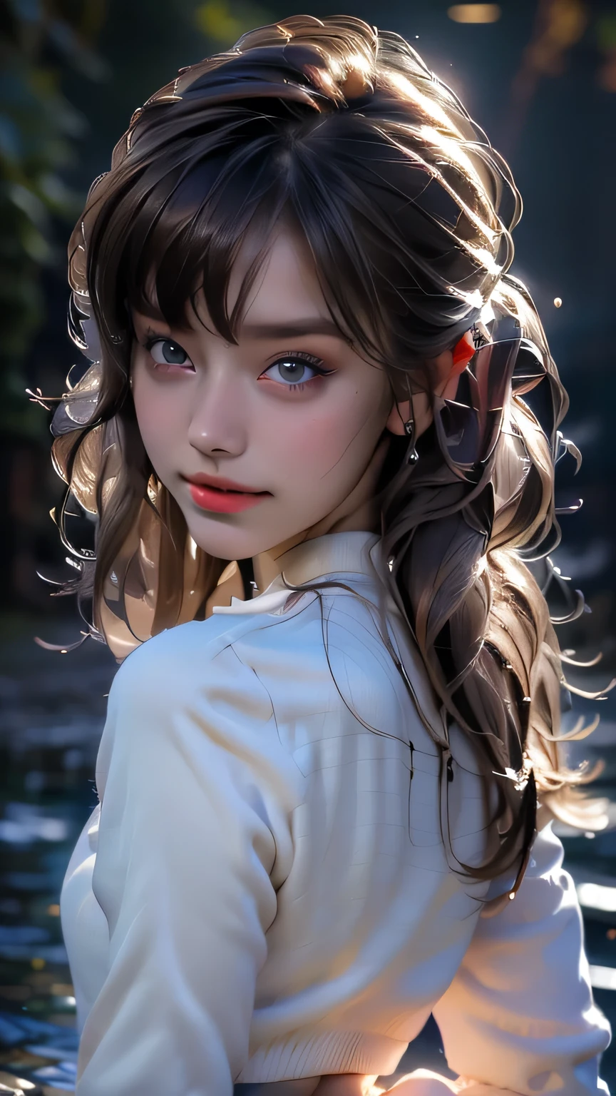 (Very delicate and beautiful), 1 person, Robber Girl, bangs, Cute eyes, bow, Brown Hair, Mouth closed, landscape, Hair between the eyes, hair bow, Long sleeve, Looking at the audience, Medium Hair, alone, Short school uniform, ((alone)), (masterpiece), blonde、さまざまな動きのPause、With a smile、mini skirt、Mini shirt、uniform、 Detailed face、Detailed body、Detailed eyes, masterpiece, 最high quality, high quality, High resolution、((Upper body portrait))、((Pause_random)), at night forest.