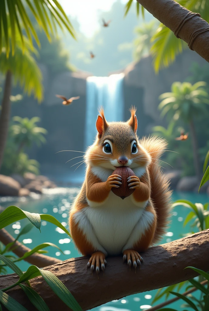 A real looking squirrel with medium type hair .eating a nut on a coconut tree
And background waterfall.there are some birds in the air