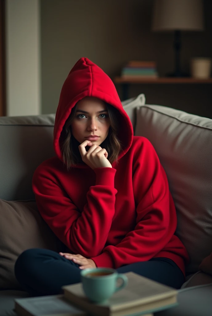 a 25 year old woman, wearing light pink hoodie, sitting in sad mood ,with window of room , view from the corner of room,dark cenematic, lo-fi cyberpunk wallpaper,3d realistic 4k