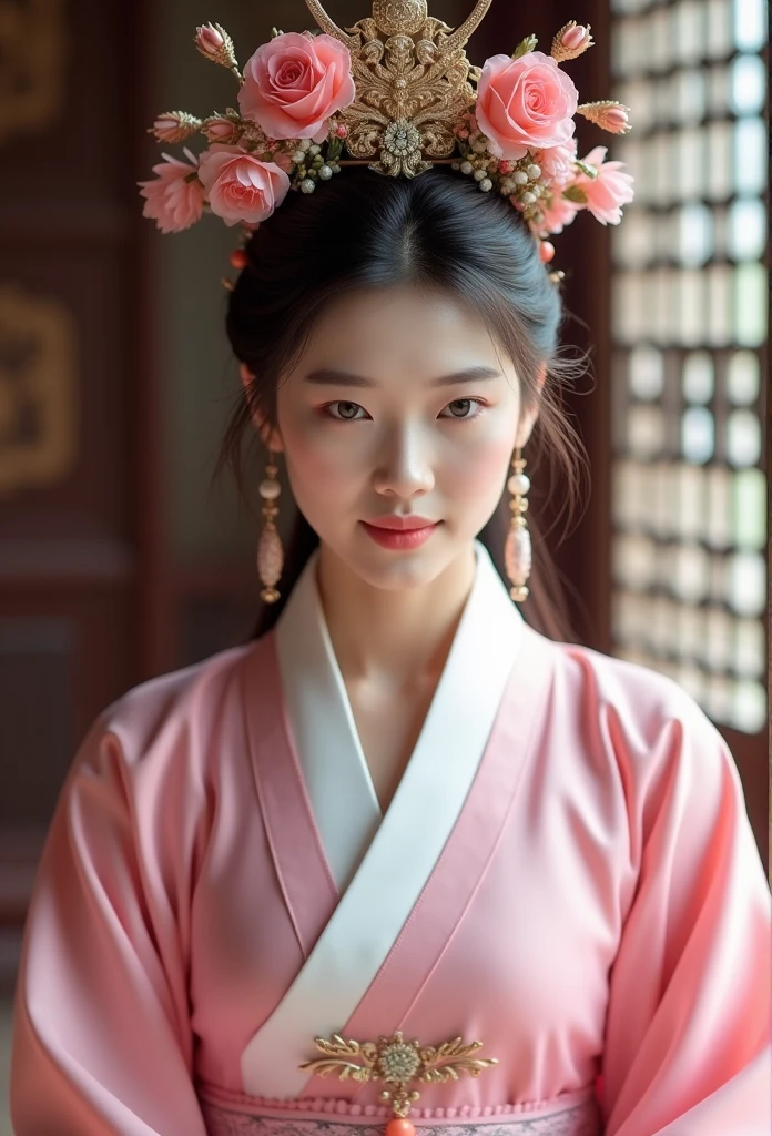 A woman in a pink dress and a flower crown on her head, color photo inspired by Lan Ying, trends in CG Society, realism, Korean hanbok, palace, a girl in hanbok, ancient Korean crown princess, beautiful fantasy empress, princess of the dynasty, Korean empress, white, looking down, viewer view,