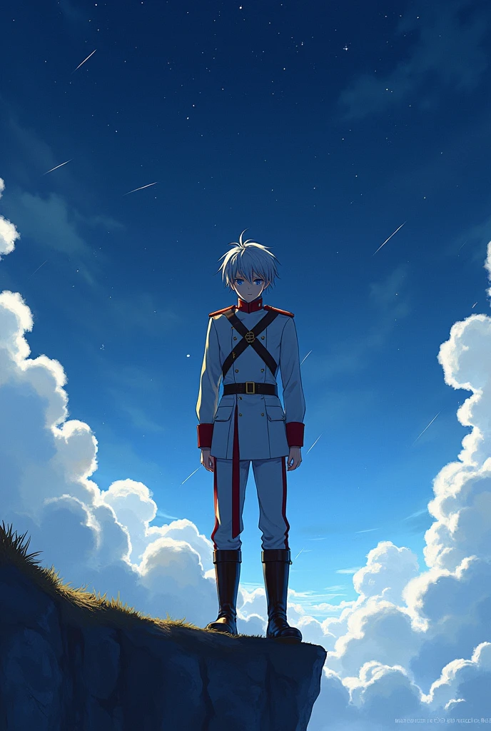 (Maximum resolution, Clearly_image) Excellent, masterpiece, High Detail, Semi-realistic, Beautiful night sky, Star, Meteor Showers, Beyond the clouds,Wide Angle, Stunning clouds,A very beautiful boy, solitary, Normal handsome posture, Silver short hair, blue eyes, Indifferent expression, 1, young, Tall and big , White and red military uniform, Military Pants, Military boots, confident, Serious, Cold and arrogant, Face it head-on,Standing on the cliff,