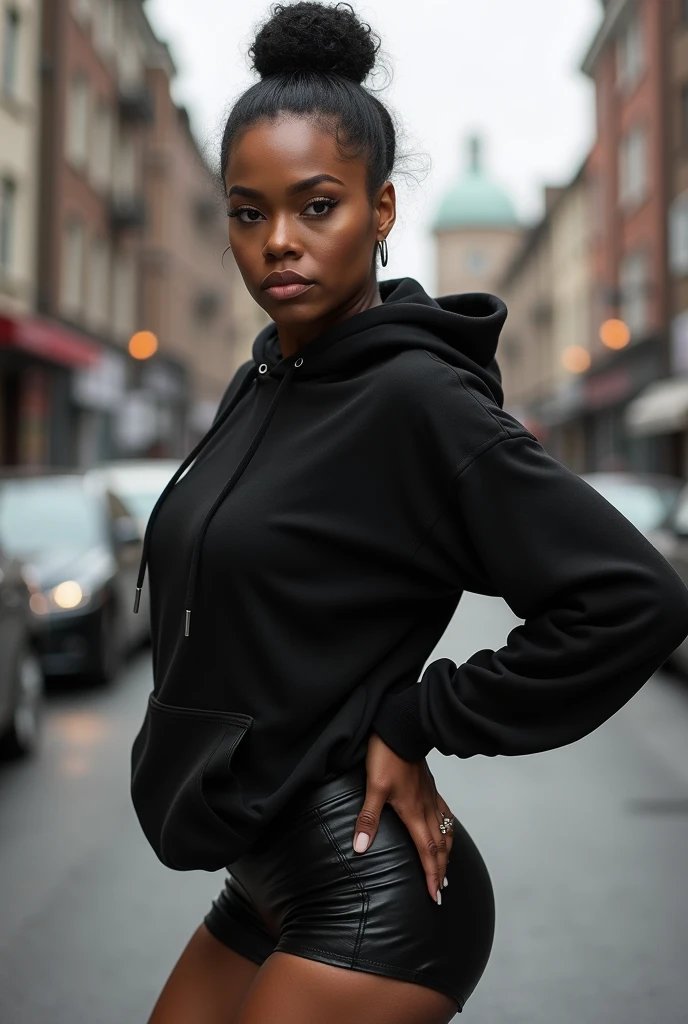 black woman hair in a bun black hoodie black leather short shorts old ugly woman in a jogging suit holding squeezing her ass