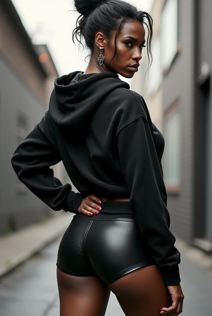 black woman hair in a bun black hoodie black leather short shorts old ugly woman in a jogging suit holding squeezing her ass