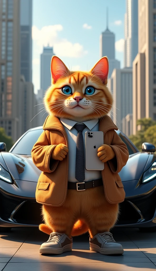 Make a picture of a fat orange cat with blue eyes, flat nose, facing the camera, wear cool clothes, sports shoes and tie, ditangan membawa iphone, standing in front of a sports car with a background of luxury urban buildings, Wide, full body, 8k super realistic