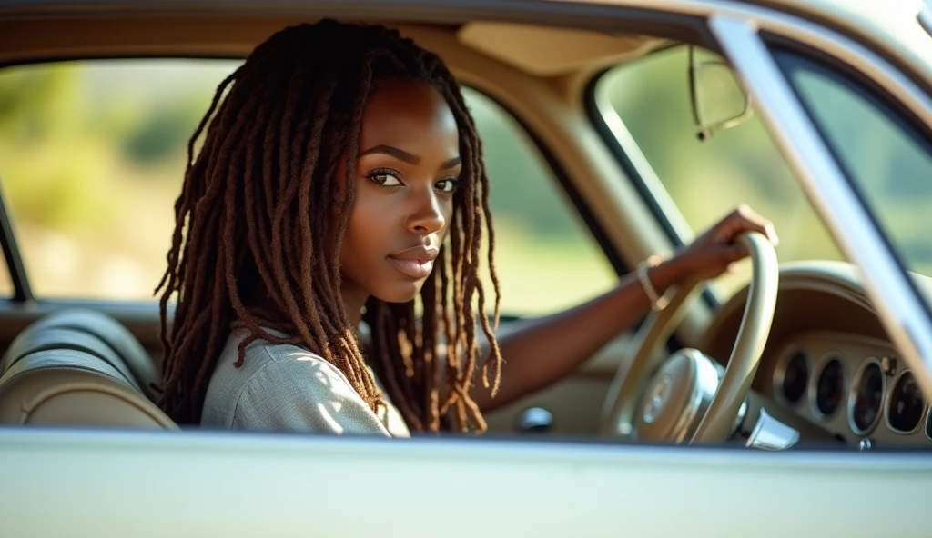 A stunningly beautiful dark skinned African American woman with long brown dreadlocks with highlights on the ends Driving a pearl white, sparkly Mercedes Benz on a beautiful summers day, looking at the camera in a sexy & sensual gaze, realistic, photorealistic