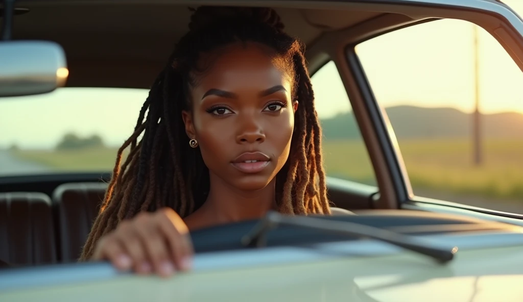 A stunningly beautiful dark skinned African American woman with long brown dreadlocks with highlights on the ends Driving a pearl white, sparkly Mercedes Benz on a beautiful summers day, looking at the camera in a sexy & sensual gaze, realistic, photorealistic
