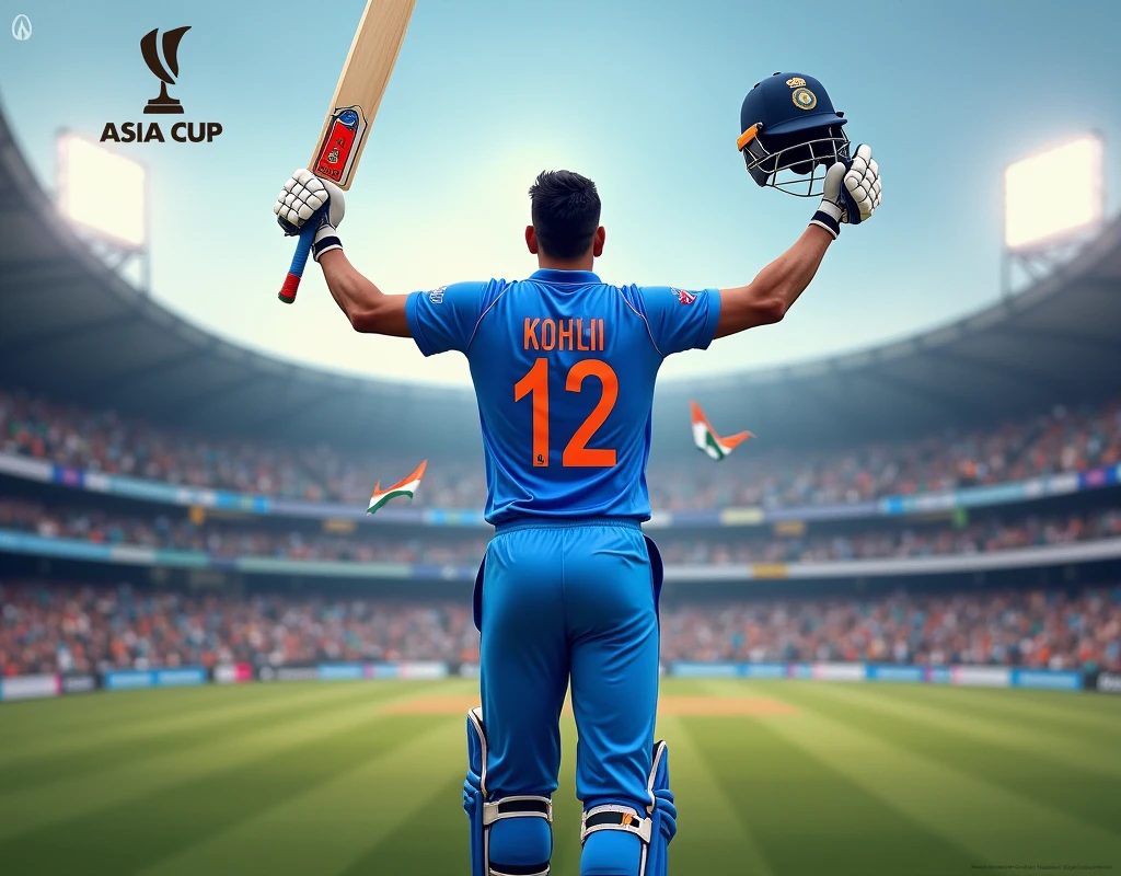 Create a cricket stadium scene with a player wearing a blue jersey holding a bat in one hand and a helmet in the other, celebrating after scoring a century. The player is standing in front of a large crowd waving Indian flags, with a scoreboard on the side displaying the player's name 'VIRAT KOHLI' and the score '122*(94)' during an India vs Pakistan match. The player is in the center with text overlay and the 'Asia Cup' logo visible on the top left."