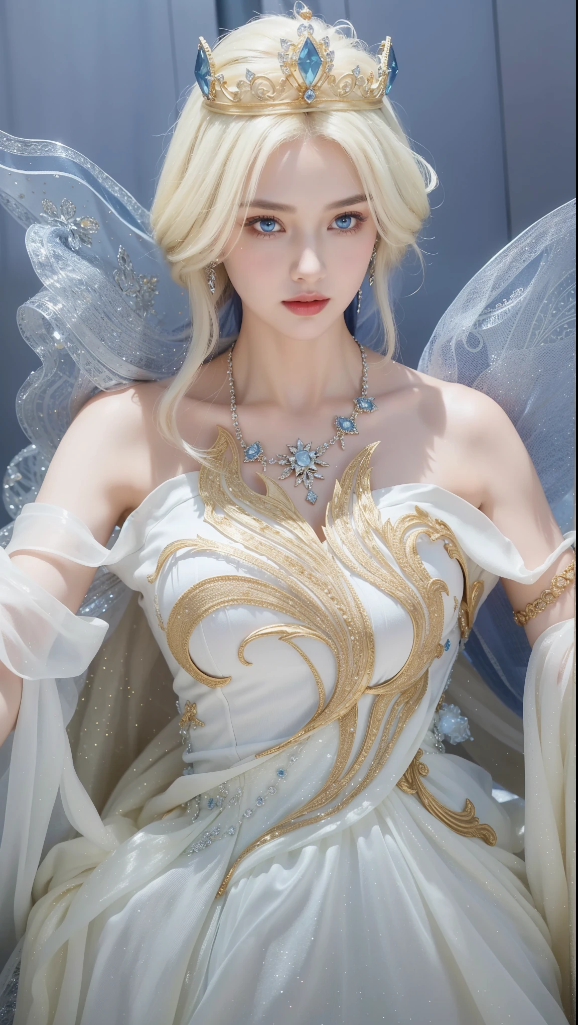 Royal sisters,Exquisite eyes,Frozen Queen,Put the crown on your head,Detailed facial expressions body,Tall and big,Glamorous characters,Leg length,4K,HD,Sensual,White translucent lace,白皙full image,Little cherry mouth,Beautiful and lovely,full image,Glossy Gel Coat,Vampire Queen in luxurious robes,Have a tattoo(Intricate tattoo designs),Ice Princess,Rich facial details,Angel,Eyes are blue(Pupils as deep as the starry sky),Silk printed clothes,Necklace gold,Jewel headdress,The Queen is wearing the most gorgeous dress in the universe