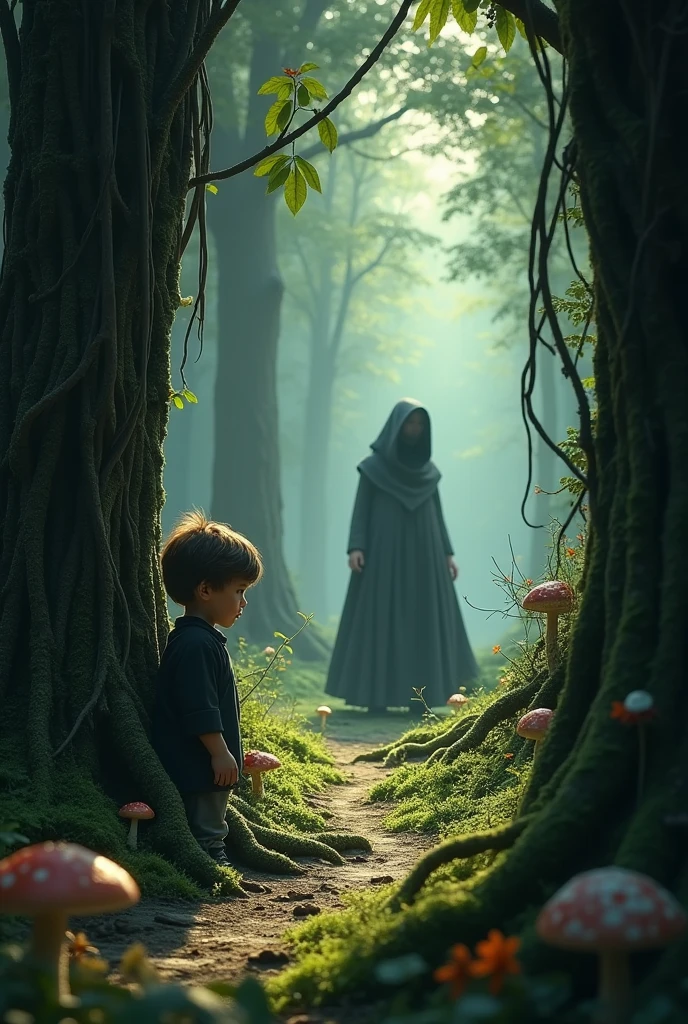 A kid (boy) is secretly following the witch behind the tress