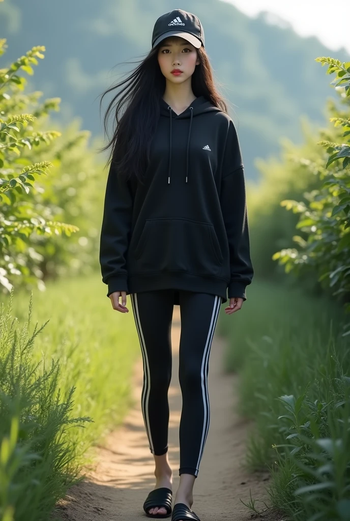 (photorealism:1.2), beautiful korean girl, black hair, wear black adidas striped slippers, black eyes, barefoot, wear black adidas cap, wear black adidas hood, wear black adidas striped leggings, background is countryside