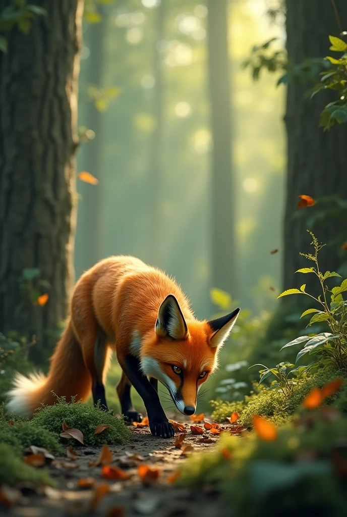 The fox taking the morsel of meal from ground in forest