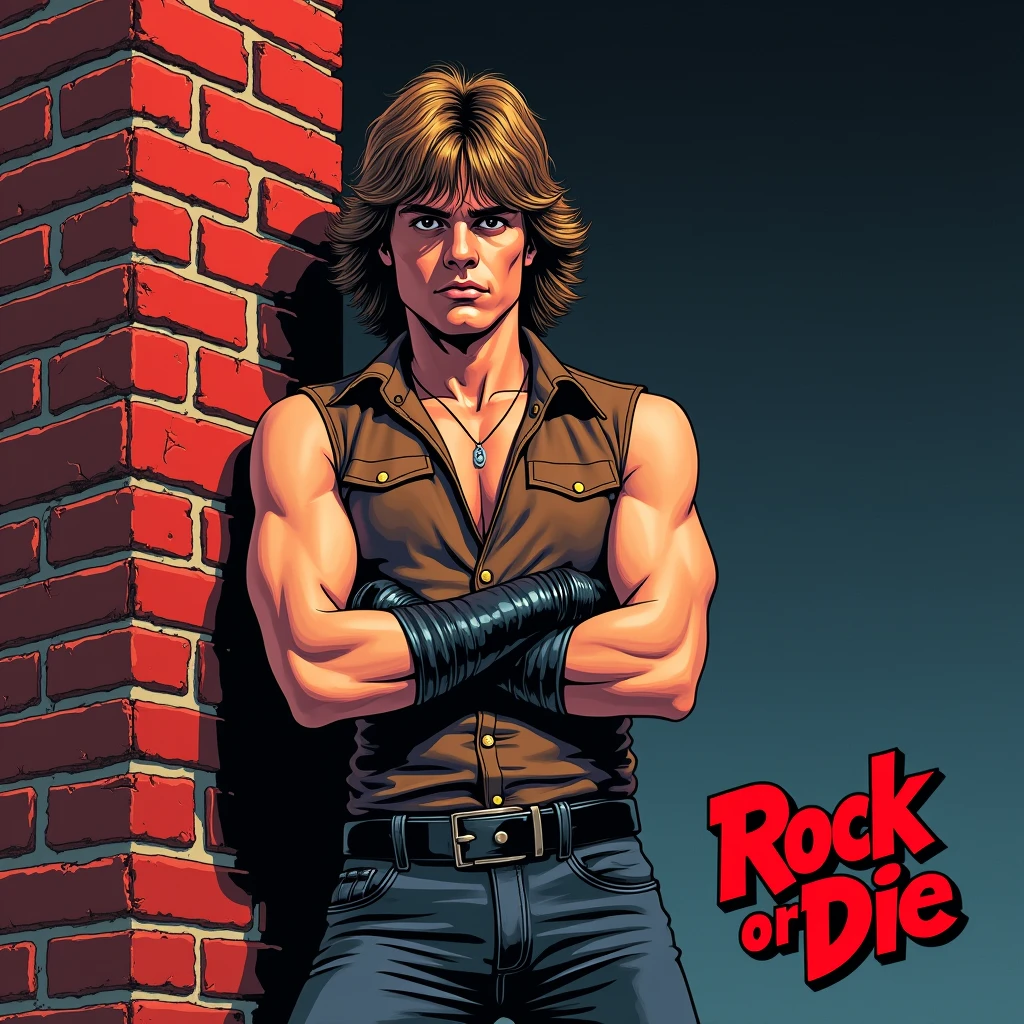film The Warriors 1979 Stylized poster featuring a man (Angus Young) leaning against a red brick wall. The man has white skin, shoulder-length hair and a dark gigachad face with a serious expression. He is wearing a sleeveless brown leather vest, classic retro black genuine leather gloves, middle finger gloves, a black belt with a large buckle and dark pants. His arms are crossed with his foot resting on the wall. The background is a dark blue to black gradient, transitioning into the red brick wall. In the bottom right corner there is a logo red color, with the text in red graffiti style font ‘Rock or Die’