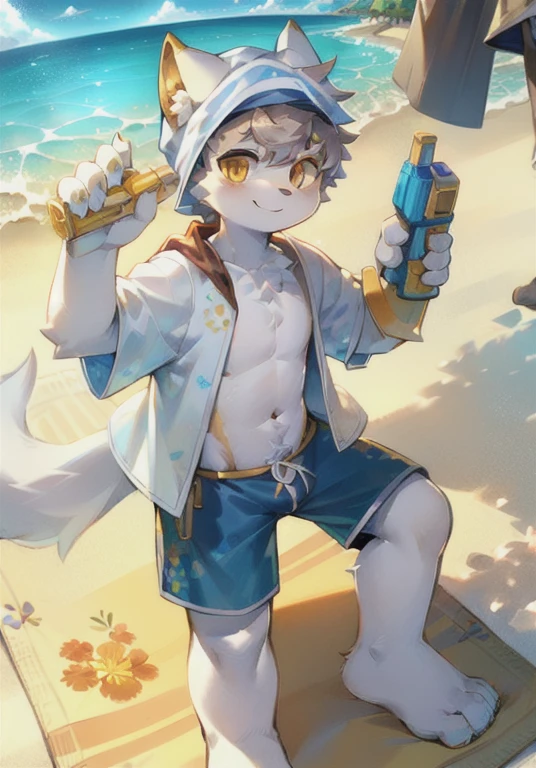 White male cat，Boys，Lovely，Q version，，Big furry tail，Hairy mat，，Golden Eyes，，Detailed background，on the beach，Wearing a headscarf，Open floral shirt，Blue floral shorts，Sunlight，seaside，Water gun in hand，Smile happily，Silver Hair