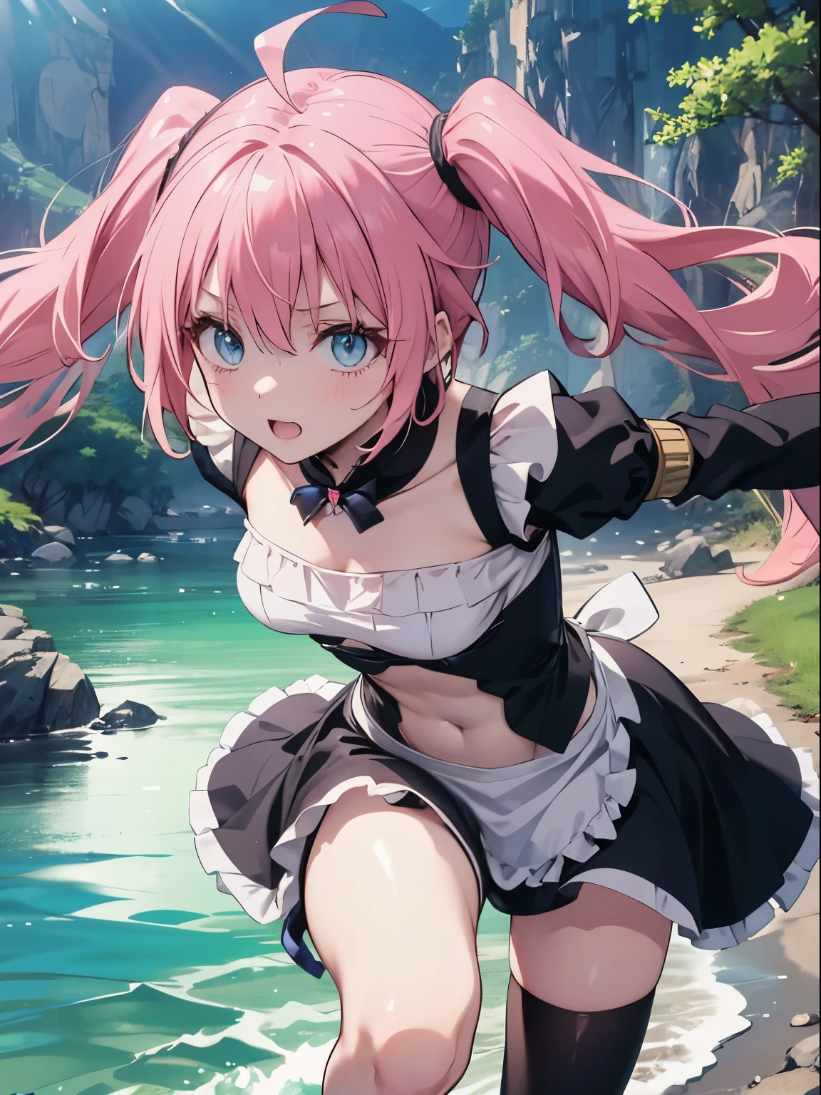 1 female、tensei shitara slime datta ken（((Milim Nava))),  (running:1.5)、Demon King、Milim Navaの傑作、high quality、maid Cafe、Moe、Moe、Accurate Mirim Surface Area、blue eyes、Behold the Evil、Pink Hairの、Pink Hair, Long Hair, Twin tails,8k images、Cute maid outfit、Dress nicely、Best Photos、Cowboy Shot、[3D Images:1.25],[[Attractive eyes,Detailed eyes、Shining Eyes, Colorful eyes:1.25]]、、whole、Front view、alone、Best Photos, Soft Light, Attractive eyes、(Flowing Scenery:1.5),Cowboy Shot