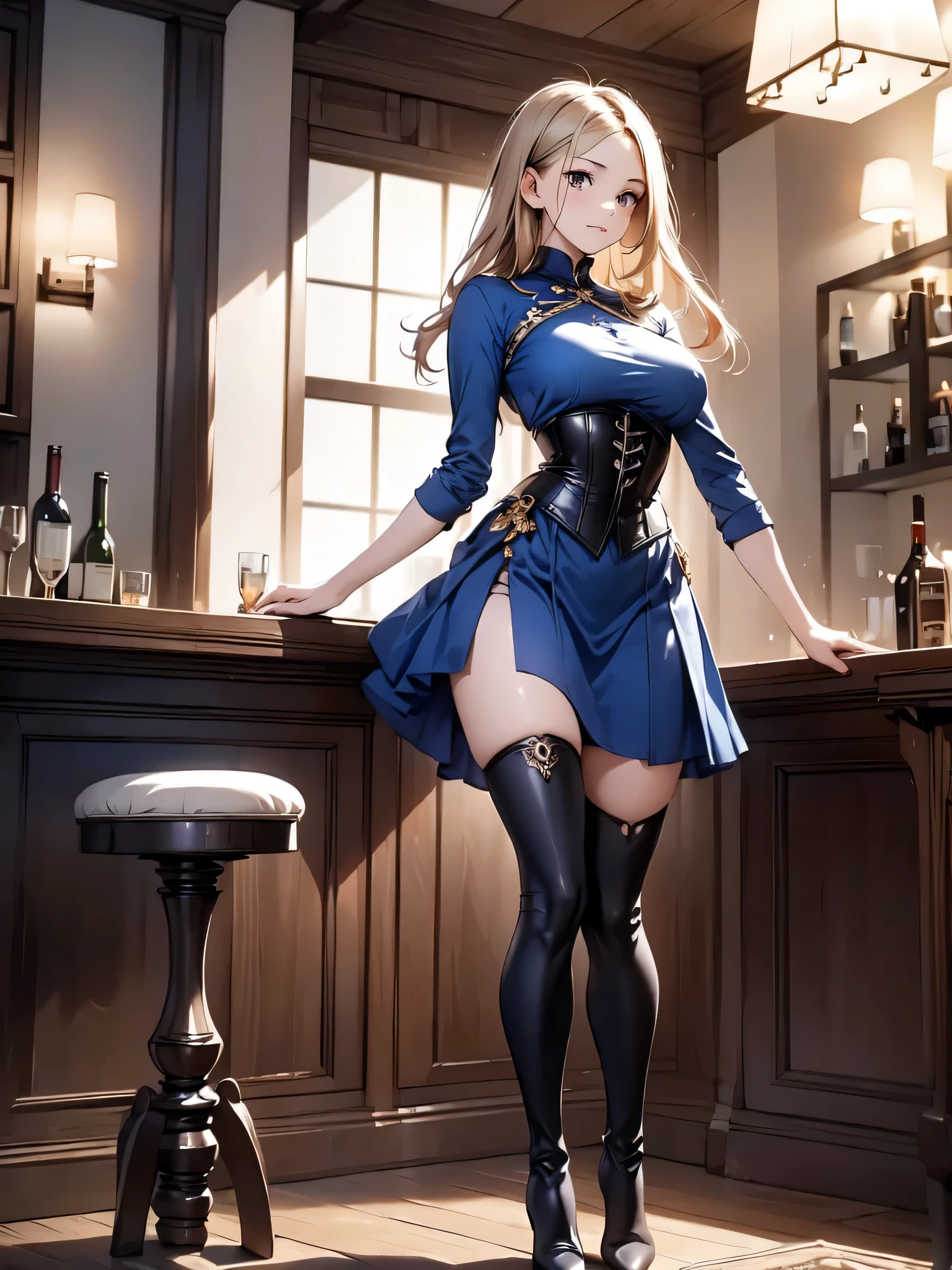 (masterpiece:1.3),(best quality, highest quality),((Full Body Shot,Including face)),1girl,Standing position,4K,masterpiece,((Focus on the face)),((Symmetrical facial features)),Beautiful woman,slender,Beautiful feet,((Thigh-high boots)),Detailed depiction of the face,bar counter,uniform,Realistic,profile,Corset standing diagonally,Long skirt,Blue Dress