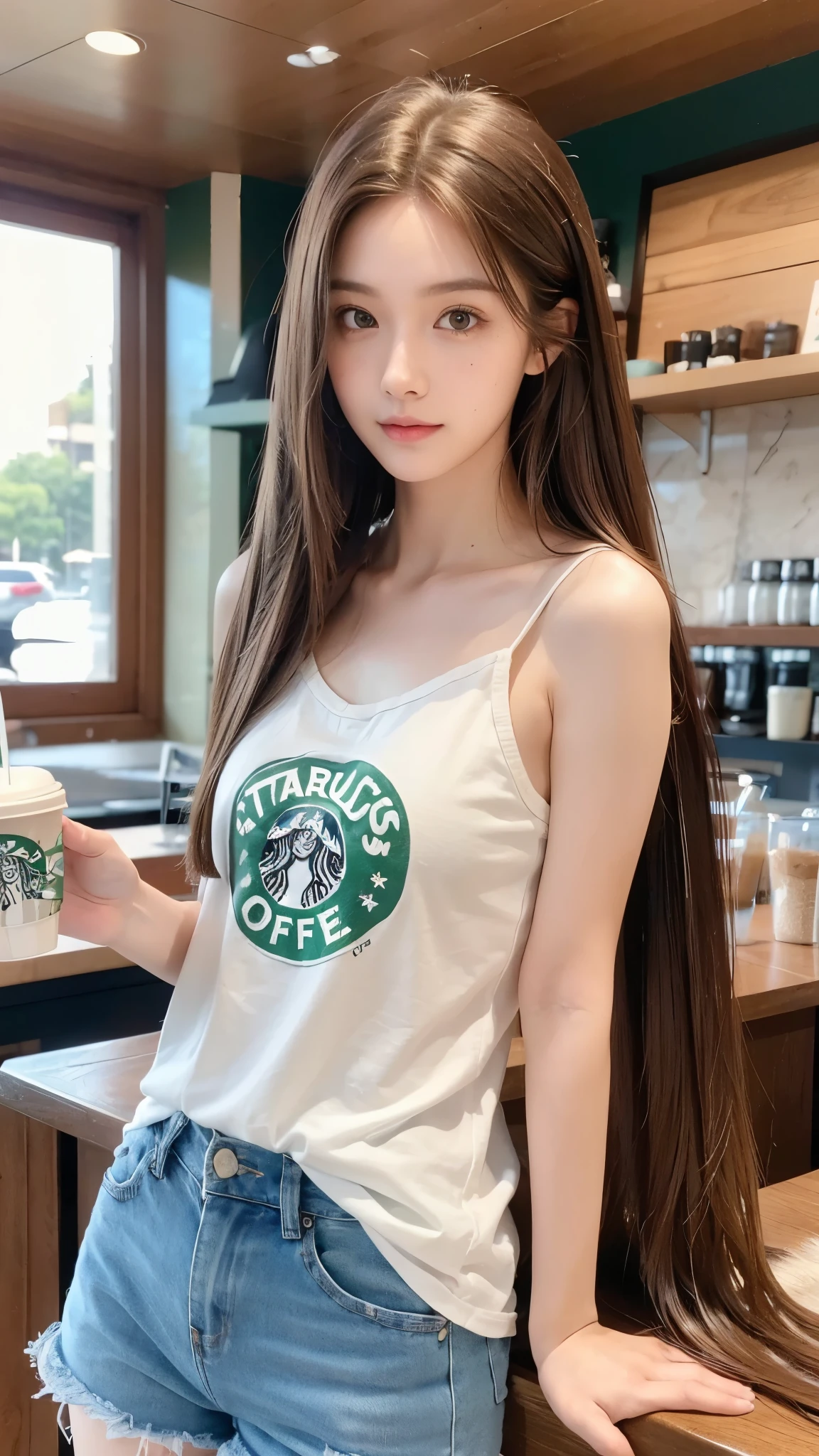 hyper realistic, 1girl, 1boy, hetero, cute couple, 1, very cute, sweet, adorable, thin, petite, innocent, starbucks barista, starbucks barista uniform, green apron over a tiny white tank top, denim shorts, (boy is wearing t shirt and jeans), exposed arms, posing in a coffee shop, shy, subtle smirk, closed mouth, full body, bright picture, cute girl, hazel eyes, (brown hair), girl next door look, flirting, sexy, highly detailed, epic, (straight hair:1.7), gorgeous, film, Ultra High Resolution, wallpaper, 8K,Rich texture details, hyper detailed, detailed eyes, detailed background, dramatic angle, epic composition, SimplepositiveXLv1 dynamic lighting, award winning photo, long hair, single side braid, freckles