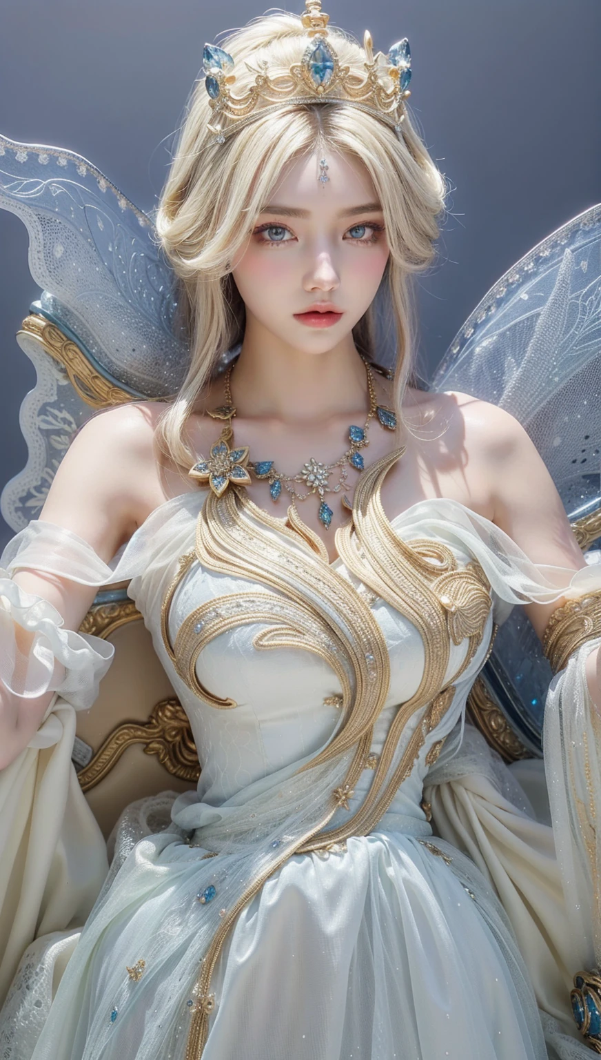 Royal sisters,Exquisite eyes,Frozen Queen,Put the crown on your head,Detailed facial expressions body,Tall and big,Glamorous characters,Leg length,4K,HD,Sensual,White translucent lace,白皙full image,Little cherry mouth,Beautiful and lovely,full image,Glossy Gel Coat,Vampire Queen in luxurious robes,Have a tattoo(Intricate tattoo designs),Ice Princess,Rich facial details,Angel,Eyes are blue(Pupils as deep as the starry sky),Silk printed clothes,Necklace gold,Jewel headdress,The Queen is wearing the most gorgeous dress in the universe