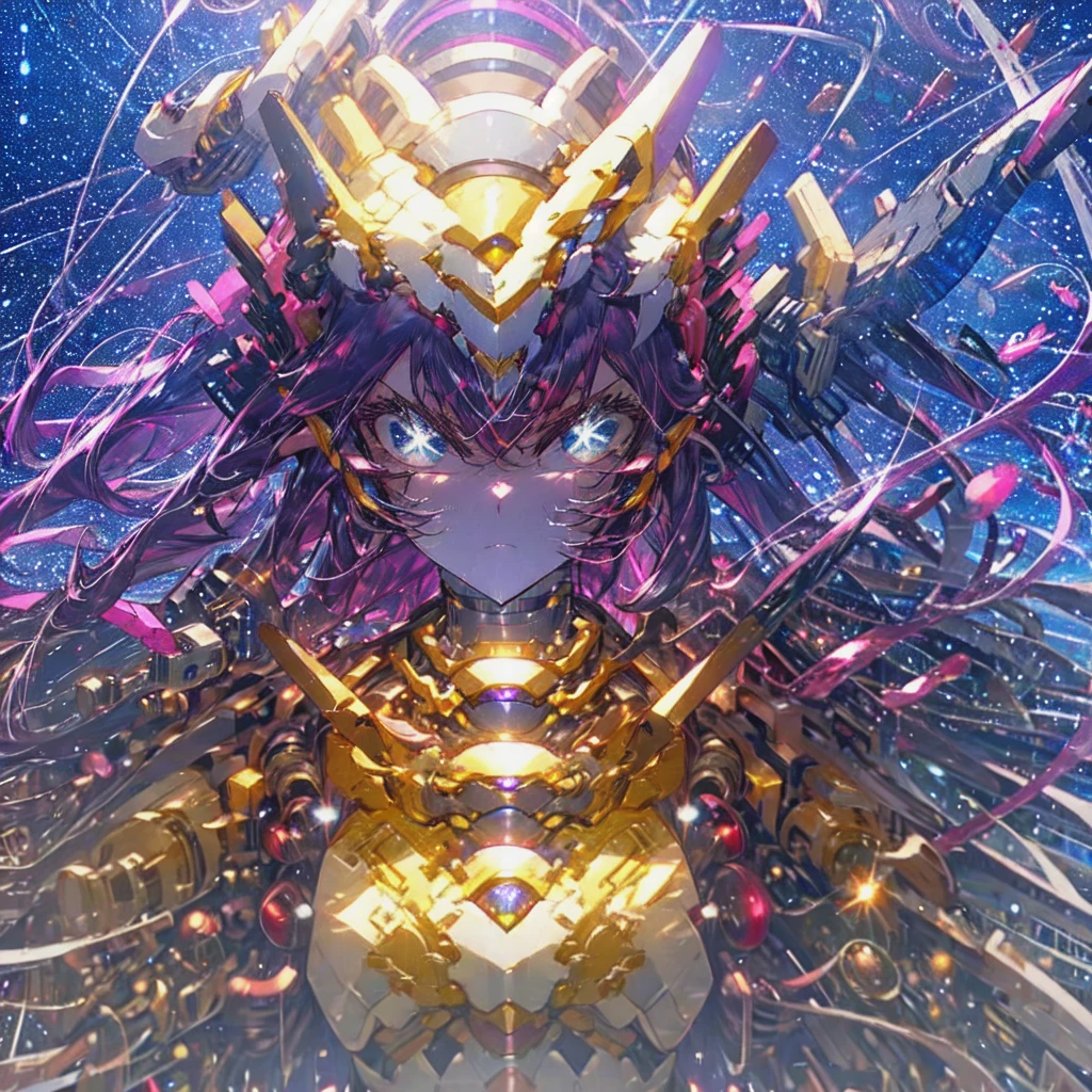 masterpiece,best quality,1girl,aafrie,[green eyes|blue eyes],long hair, purple hair,twintails,pointy ears,thick eyebrows,flat chest,(chest armor),mecha musume,white theme,bodysuit,fortified suit,mechanical parts,robot joints,headgear,full armor,expressionless,looking at viewer,action pose,outer space,science fiction,