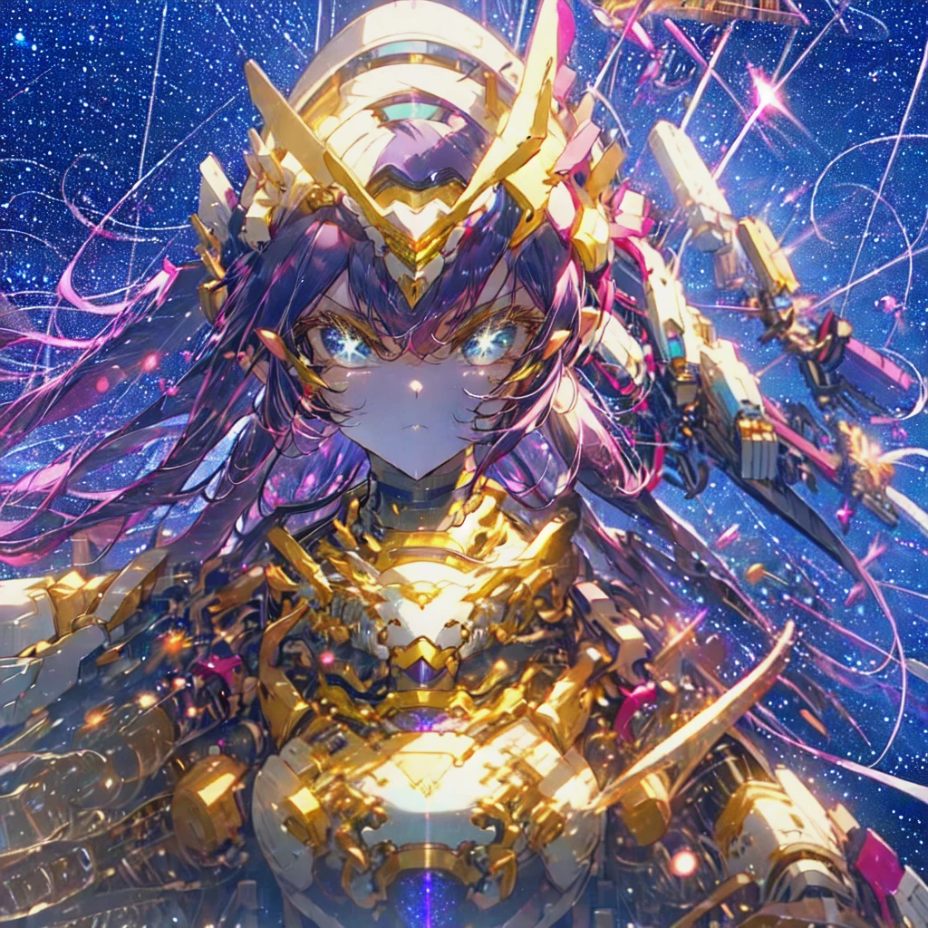 masterpiece,best quality,1girl,aafrie,[green eyes|blue eyes],long hair, purple hair,twintails,pointy ears,thick eyebrows,flat chest,(chest armor),mecha musume,white theme,bodysuit,fortified suit,mechanical parts,robot joints,headgear,full armor,expressionless,looking at viewer,action pose,outer space,science fiction,