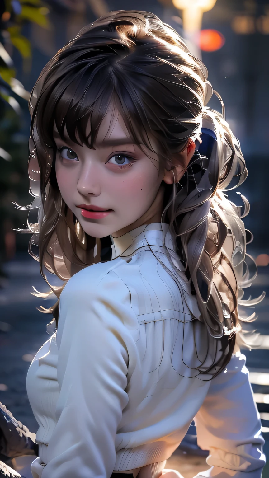 (Very delicate and beautiful), 1 person, Robber Girl, bangs, Cute eyes, bow, Brown Hair, Mouth closed, landscape, Hair between the eyes, hair bow, Long sleeve, Looking at the audience, Medium Hair, alone, Short school uniform, ((alone)), (masterpiece), blonde、さまざまな動きのPause、With a smile、mini skirt、Mini shirt、uniform、 Detailed face、Detailed body、Detailed eyes, masterpiece, 最high quality, high quality, High resolution、((Upper body portrait))、((Pause_random)), at night forest.