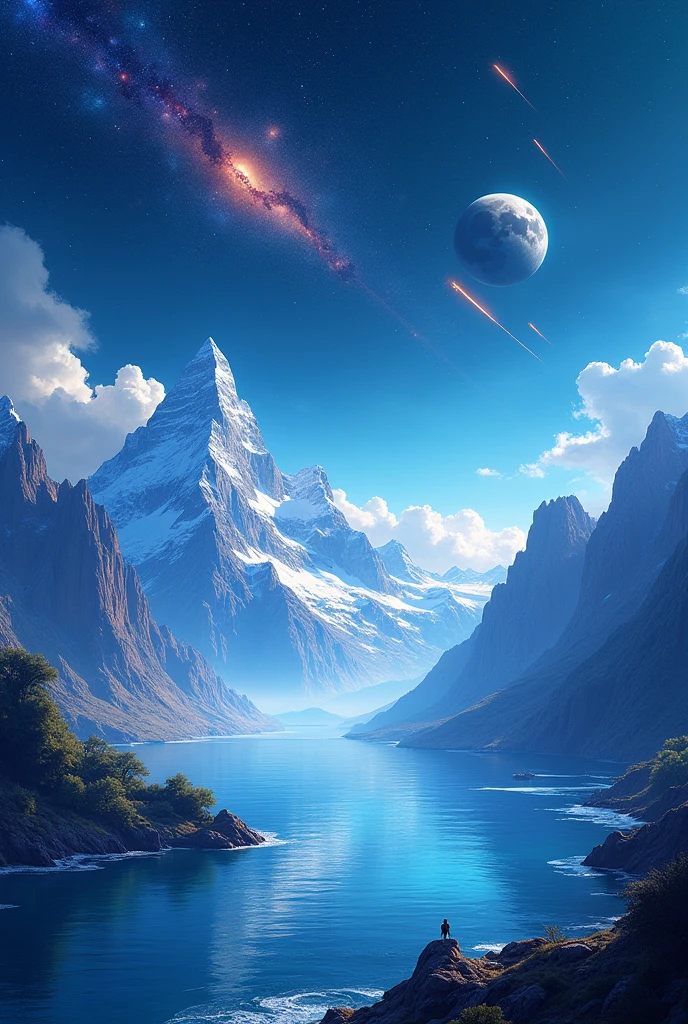 best quality, highres, background photo, landscape, mountain, ocean, blue background, gradient blue background, in the ocean, in the space, with a moon, surrounded by stars and a meteor shower, with a planet, with a comet, with a galaxy, at night, at midnight, at dawn, at sunset