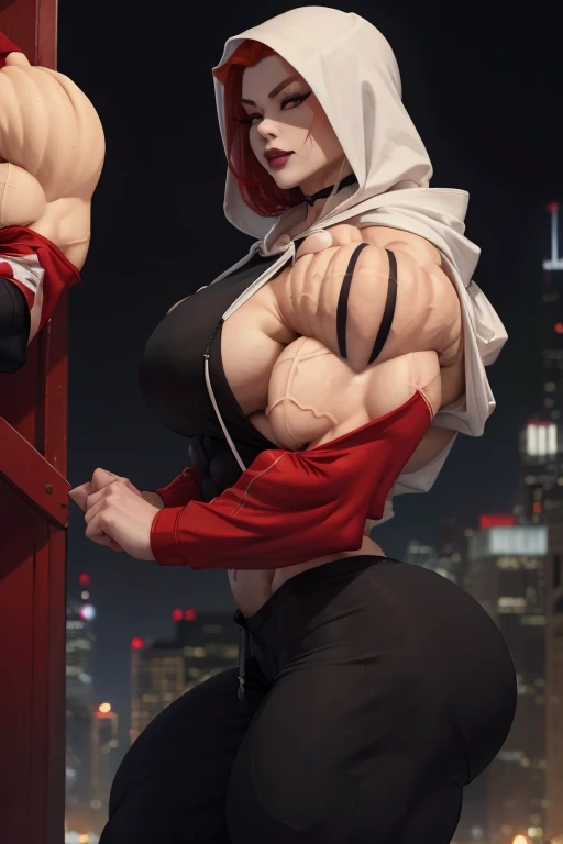 ((Close-up)), tall, (red hair) beautiful muscular asian woman, long tied hair, pale white skinned, closed smile, (black lipstick), (massive muscles), (hyper muscle), ((ginormous bulky muscles)), yellow eyes, ((red long sleeve hoodie, hood down)), (exercise pants), choker, sneakers, in Chicago at night, flexing