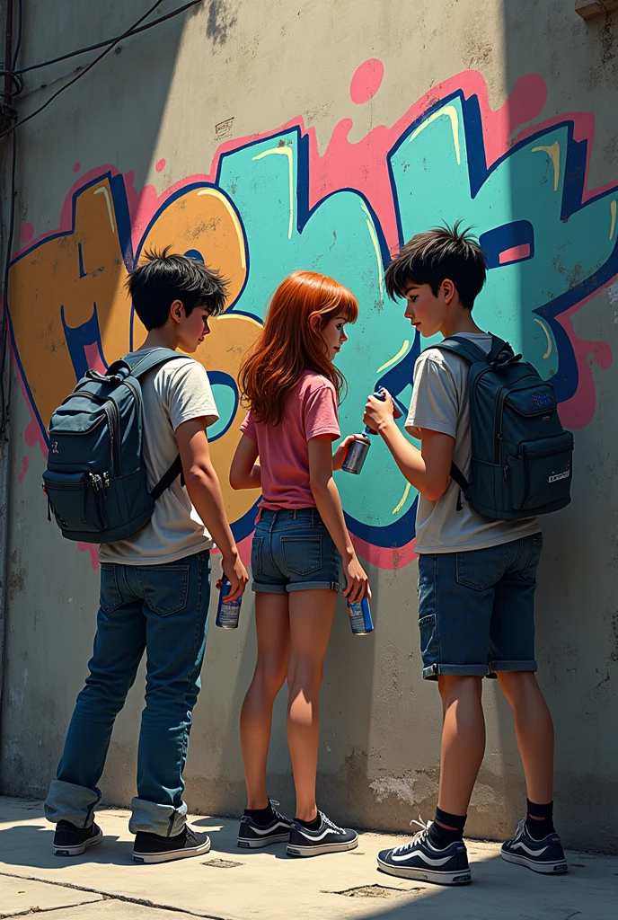 3 teenagers doing graffiti on the street