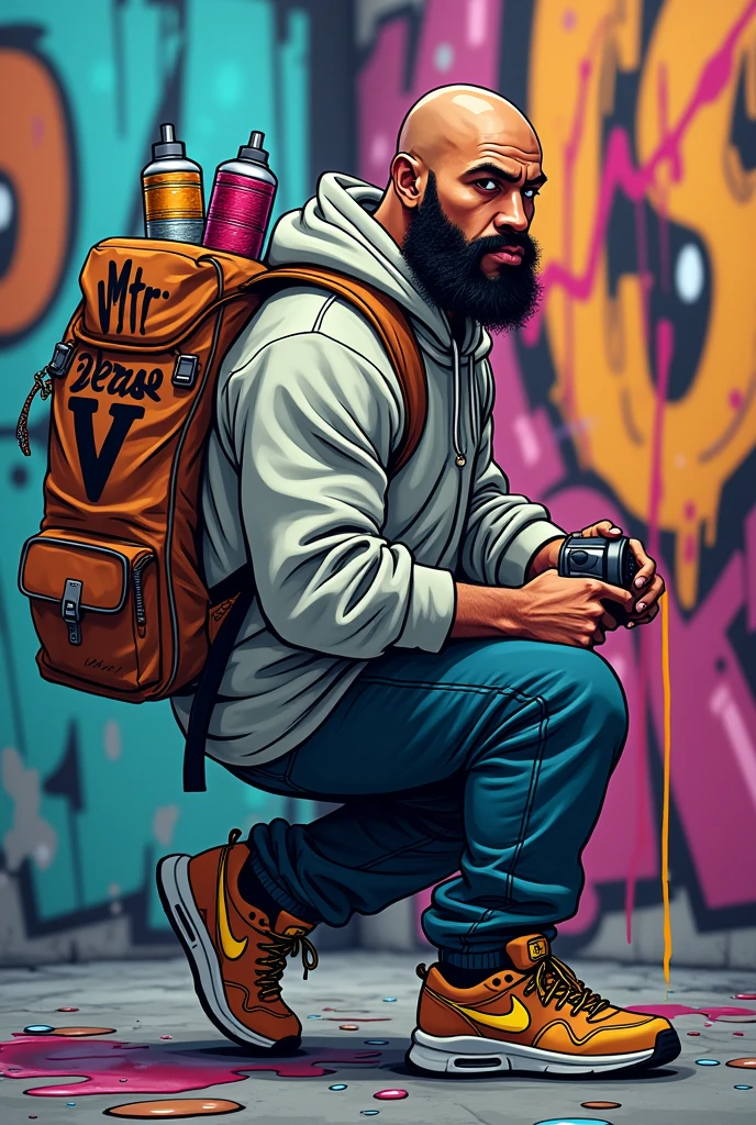 Rapper 3 beard and mustache white bald thick build loose dress hooded sweatshirt Nike sneakers doing graffiti carrying backpack with paint cans and the backpack has Vito Mc written on it cartoon graffiti letters that say Mr V for t-shirt printing