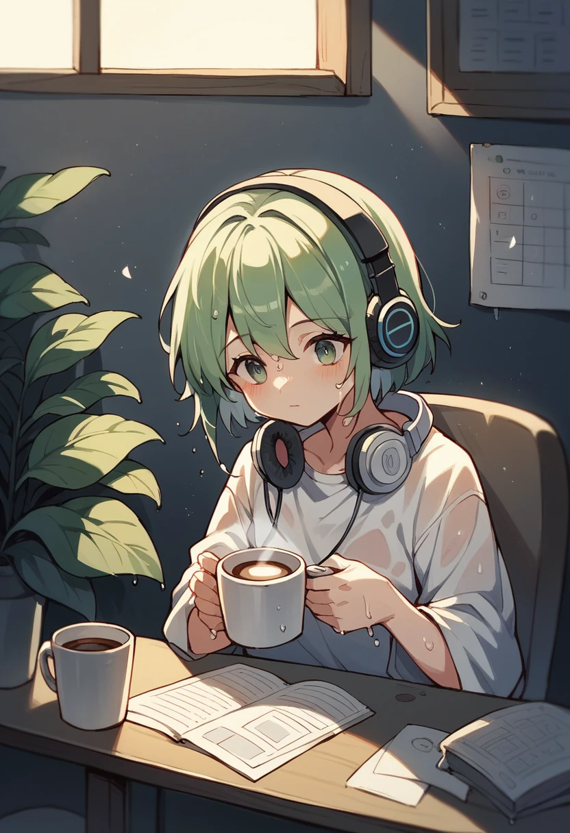 night、Girl listening to music in a cozy room, Use headphones, 2D Style Anime, I will fix it, hard disk, Dark Environment, plant, coffee, Wet day, plant, homework,