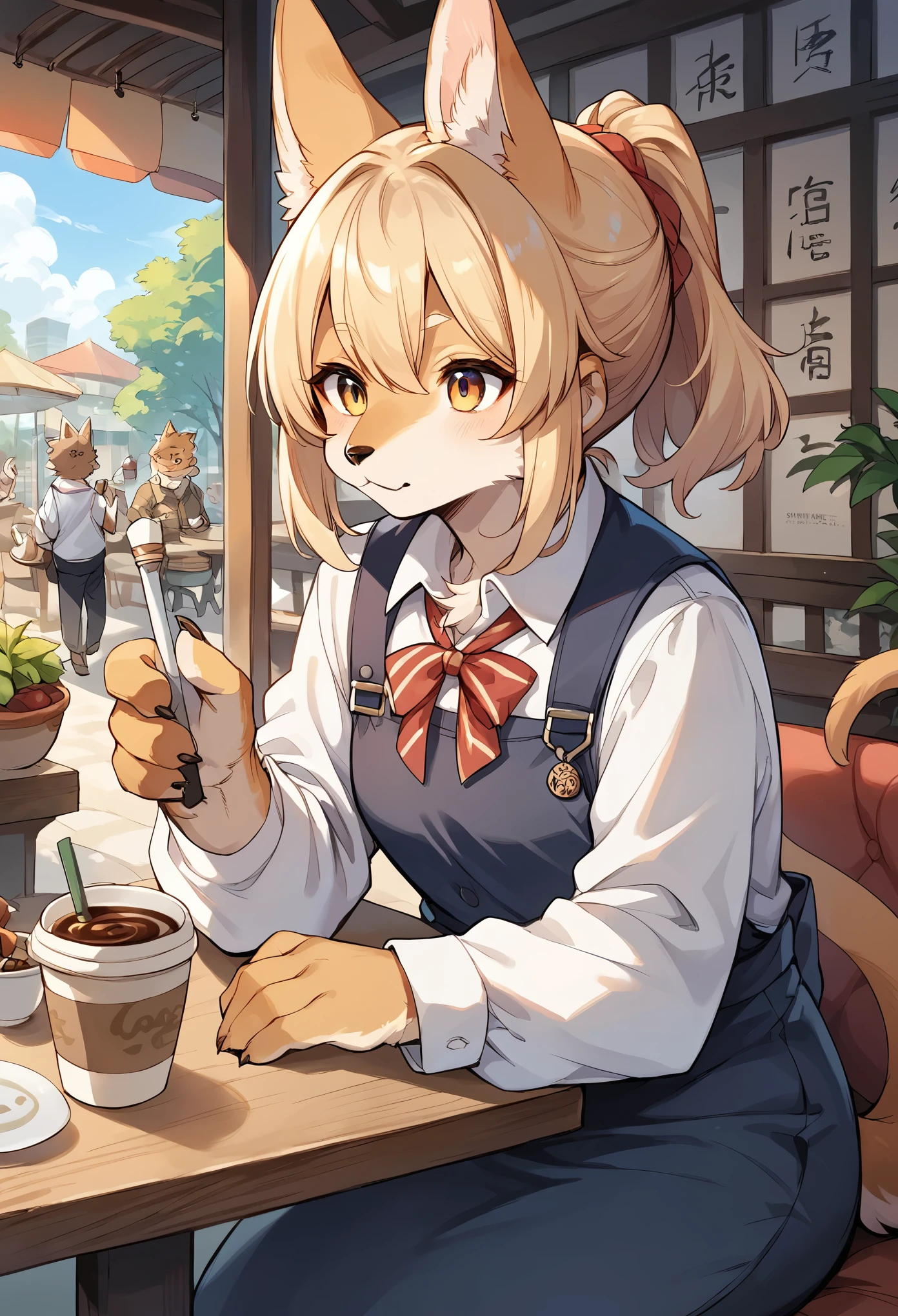 rating_safe, score_9, score_8_up, score_7_up, score_6_up, score_5_up, score_4_up, hires, source_furry(kemono, boy, girl)cafe Terrace, drink, coffee, staff,