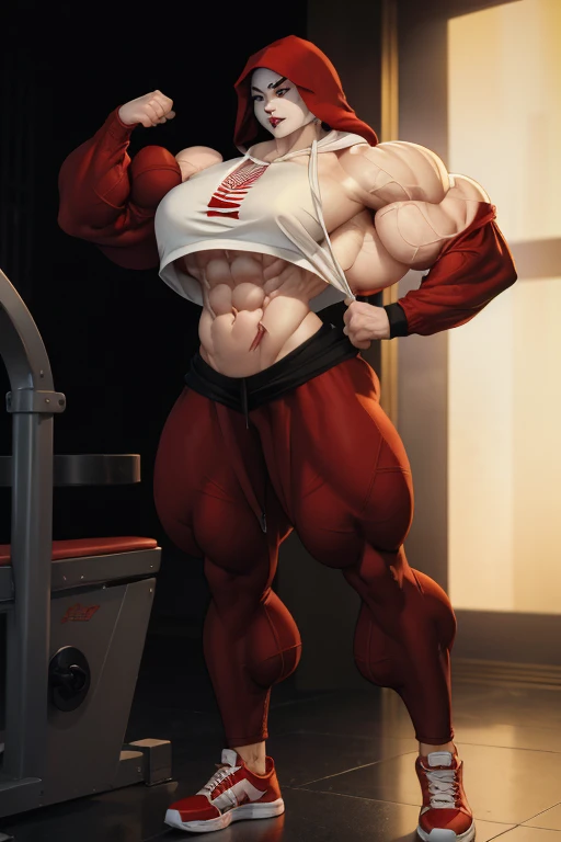 ((Close-up)), tall, (red hair) beautiful muscular asian woman, long tied hair, pale white skinned, closed smile, (black lipstick), (massive muscles), (hyper muscle), ((ginormous bulky muscles)), yellow eyes, ((red long sleeve hoodie, hood down)), (exercise pants), choker, sneakers, in Chicago at night,