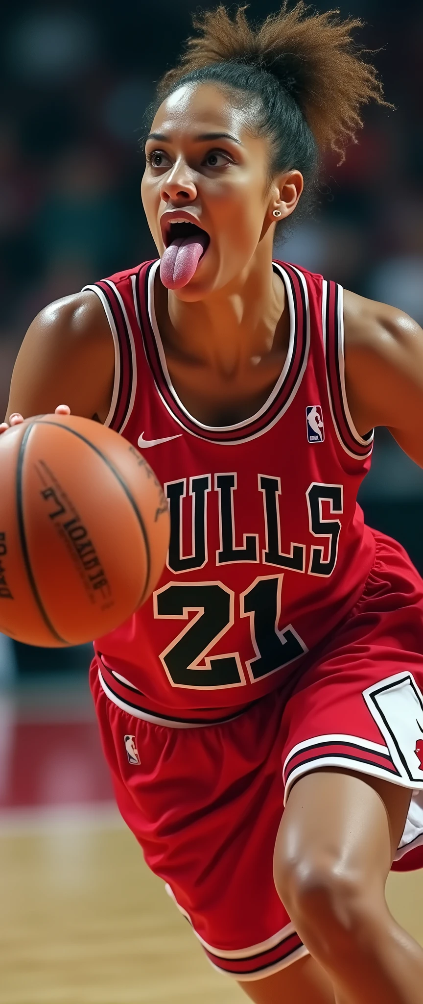 (masterpiece),(Highest quality),(Very detailed),(Ultra-high resolution),(Realistic:2.0),(RAW Photos:2.0),8k,wallpaper,(11 women:2.0),(Very beautiful woman:2.0),(Women basketball players:2.0),(Dribble past your opponent:2.0),(dynamicアングル:2.0),(Chicago Bulls uniform:2.0),(The woman is sticking out her tongue:2.0),(Serious:2.0),(Very detailed顔:2.0),(Very detailed手:2.0),(Detailed tongue:2.0),(Muscular:2.0),(dynamic:2.0),(Basketball court),(dynamic:2.0),(VFX:2.0)