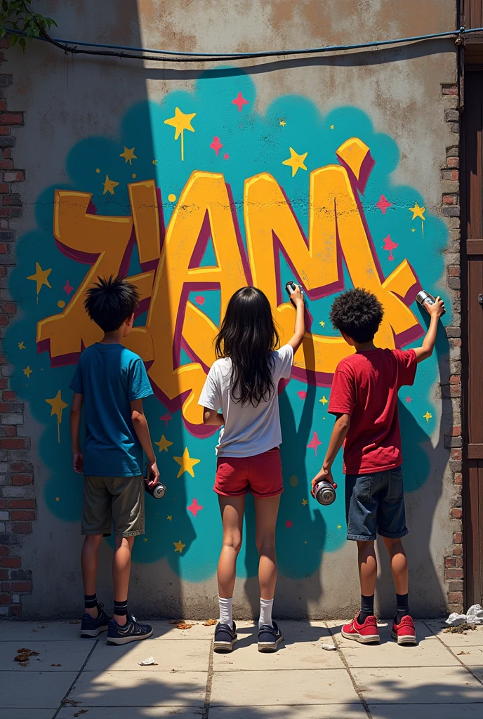 3 agers doing graffiti on the street