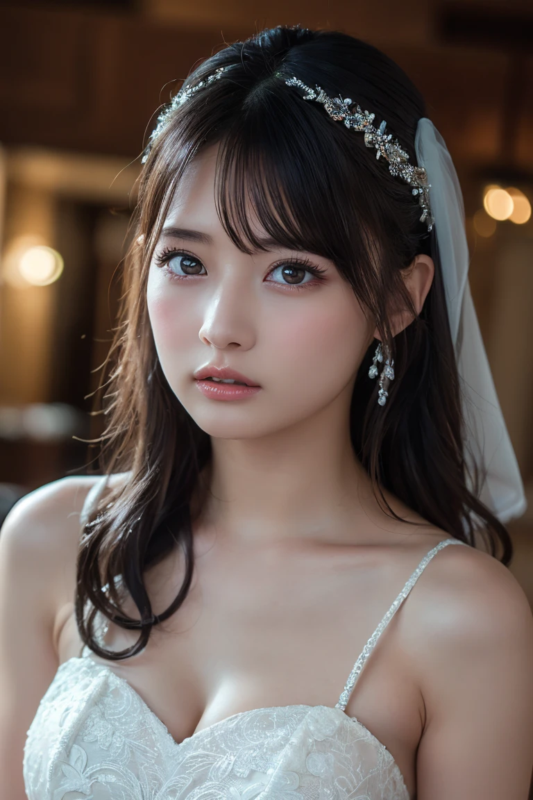 Highest quality,Tabletop,High resolution,Beautiful Eyes,Detailed Background,[Backlight],(Facial lighting),[close:0.8],(8k、RAW Photos、Highest quality、masterpiece:1.2)、(Realistic、Wedding dress