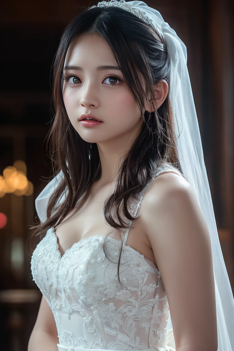Wedding Hall, Female body definition,Wedding dresses,long skirt,Slender thighs, (Best quality: 1.0), (超高分辨率): 1.0) , Suspender stockings,Highly detailed face and eyes, (Photorealistic: 1.2),Ultra-wide angle, Depth of field, Hyper-detailed, beautifully color-coded, insanely details, Intricate details, beautifully color-graded